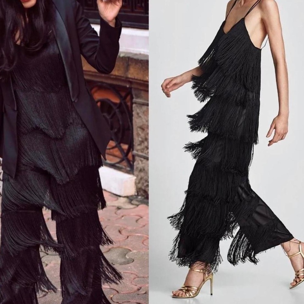 Zara Flapper Fringed Jumpsuit in Black Size M